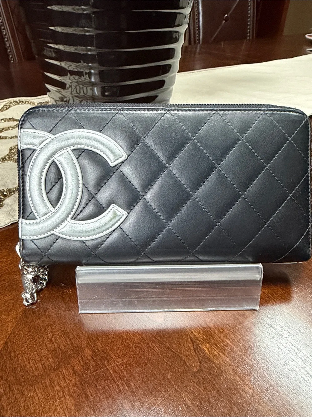 CHANEL Black Quilted Zip Wallet with Silver CC Patch